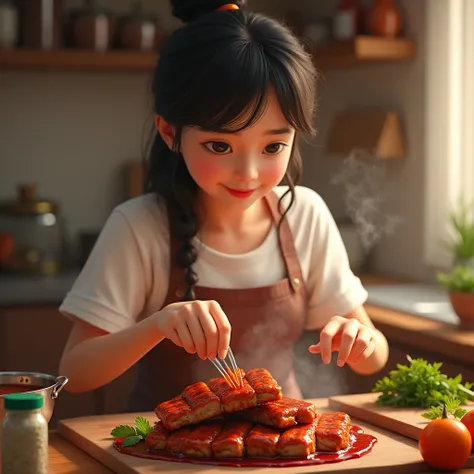 A girl making pork ribs sweet and sour