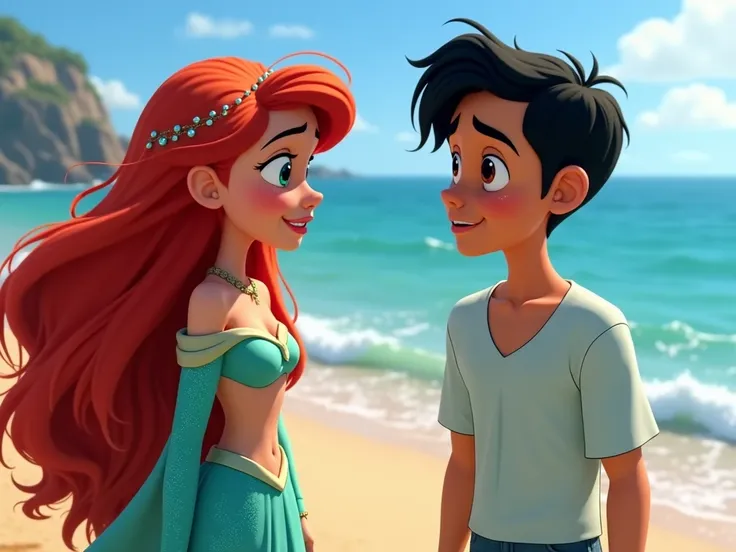   image for a cartoon story YouTube video in Pixar format Melissas tears of goodbye Melissa has long, red,  wavy hair,  sparkling green and blue clothes and Talis ,  a young man with short dark hair and bright eyes on the shore before separation . Melissa ...