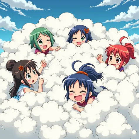 An anime-style comic depicting many girls playfully wrestling with each other inside a bed comical fight cloud.
each girl has different  colored hair.
their faces,hands,and feet are visible emerging from the cloud as they tussle humorously,  with the rest ...