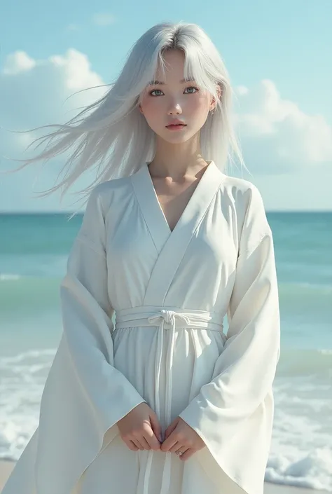  Young White Woman , 20 years old, British ,  Defines Blue Eyes Face ,  Straight Silver Hair Flowing in the Wind ,  Curtain Seafaring ,  Wearing a Traditional Japanese White Dress,  Knee Silver Steel Boots 