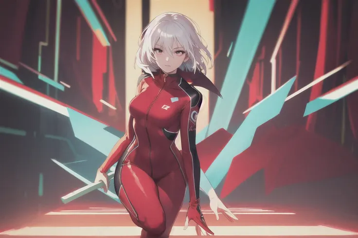 (Midjourney style),  (Best illustrative quality 8k) (red suit),  head slightly tilted,  ((short white hair)),  red dress,  neon lighting,  eye details,  face details,  background details,  medium haul,  detailed hands,  full body,  great detail,  perfect l...