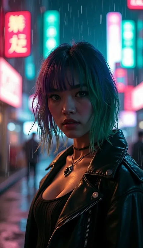 "Cyberpunk Vigilante in a Neon-Lit Alley" "In the heart of a bustling, neon-lit urban jungle, a cyberpunk vigilante with wet, shoulder-length hair stands ready in a rain-soaked alley. The hair, a striking mix of green and purple hues, drips with rainwater,...