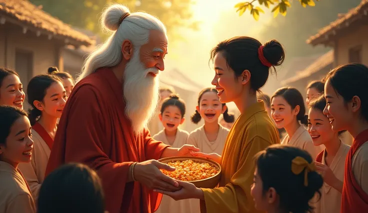 
Prompt: "The guru and disciple distribute food to a group of ren in the village. The ren’s faces light up with joy, while the guru and disciple smile warmly. The scene is filled with gratitude, kindness, and the joy of service."

