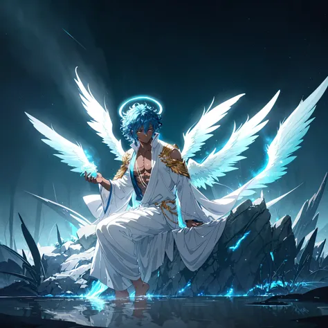 masterpiece, best quality, highly detailed, digital art, anime style, male angel, dark-skinned male, curly blue hair, white flowing robes, ethereal glowing cyan wings, halo, sitting pose, side view, muscular build, arm bands, dramatic lighting, dark backgr...