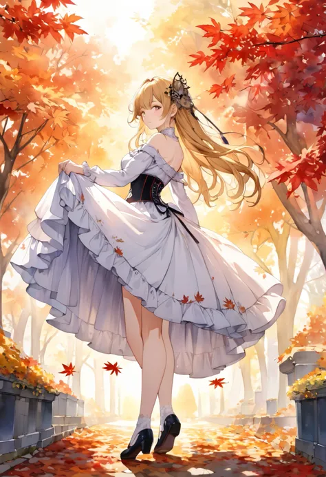 (((nsfw)))、 (((watercolor))), (((gothic))),      a woman standing on a tree-lined street with young autumn leaves  、 A fascinating scene  ,    Adorned with hair ornaments  、   The pose is medium length  ,       Wavy Blonde Hair  ..。.。Super mini skirt with ...