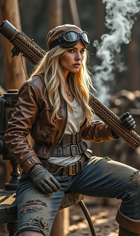 (masterpiece:1.2, Best Quality),  Advanced images like the picture  , Very real, Beautiful photos , (Natural Light),  very beautiful blonde girl , Holding a cigarette, Big Breasts,  old pilot outfit ,  wearing goggles on an aviator cap , old brown leather ...