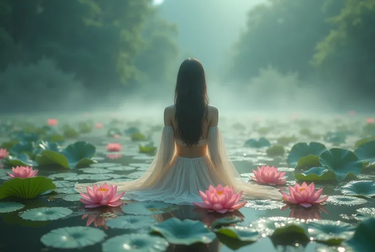  Lotus ornament  {x} Blooming lotus pond ,  Wonderful landscape shrouded in mist , ((masterpiece, Best Quality,  best image quality ,  High Resolution, realistic,  original photo, 【8k, Highly detailed CG synthesis 【8k wallpaper)), ( Huge and amazing goddes...