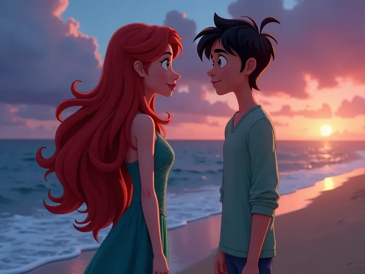   cartoon story image YouTube video in Pixar format Last meeting Evening on the shore, where Melissa has long , red,  wavy hair,  sparkling green and blue clothes and Talis ,  a young man with short dark hair and bright eyes ,  standing on opposite sides o...