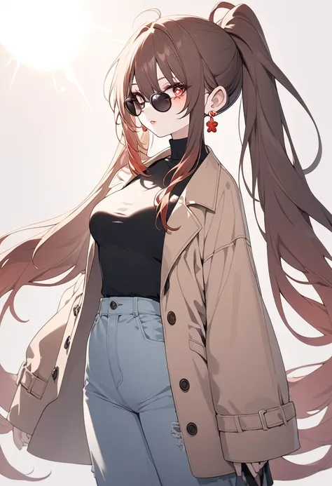 1girl, high ponytail, sunglasses, brown coat, dark turtleneck, small earrings, baggy jeans, plain background, 8k, highres, hyperdetailed, dramatic lighting, cinematic, elegant, beautiful detailed eyes, beautiful detailed lips, extremely detailed face, long...