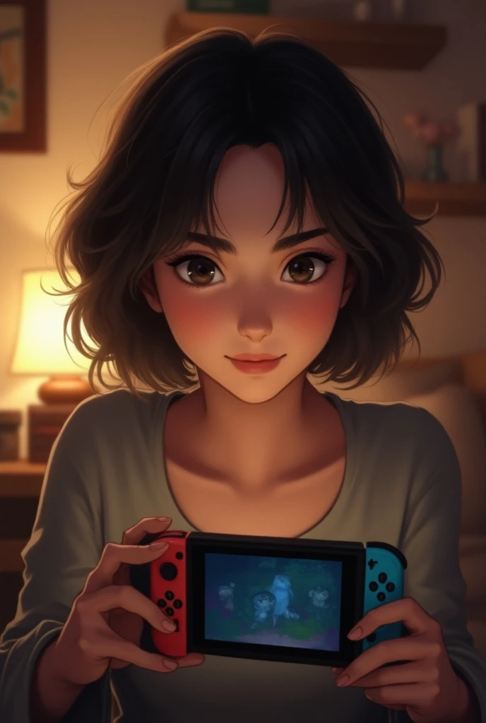 Woman,  Switch game ,  short dark / BROWN HAIR, Draw ,  brown eyes, gamer, 