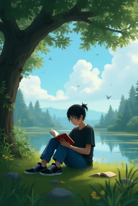 realistic, cinematic, Close-up, a  is reading a book under a tree, with a river, trees and clouds in the background. He was wearing a black shirt and blue pants, and sports shoes. She had long black hair that was tied up