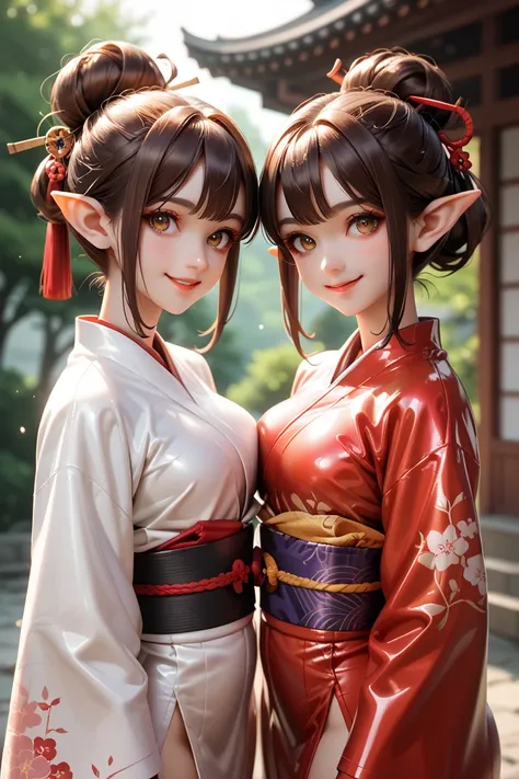 2 girls, Breasts, smile, langes Haar,  BROWN HAIR, Breasts, Lens reflection, Reflected light, In extremely tight shiny copper latex Miko kimono,Make-up, pointed ears, 