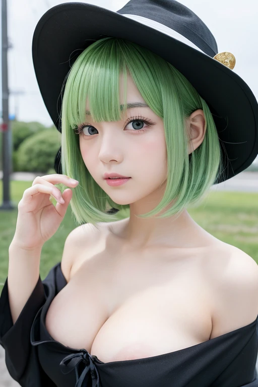  Komeiji Koishi from Oriental anime 、 Japanese female sixth grader 、White, smooth, and chewy skin like a Russian、 green hair, very bright hair 、 short hair、Hair about the length of the chin、Wears a wizard hat 、 black hat Lori is very cute、 Beautiful Girl、S...