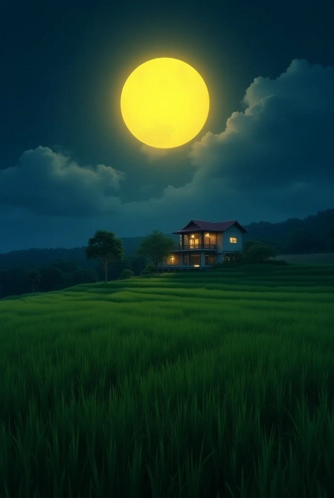 The result of the image Reallism Surrealism Art 8K , create such a beautiful night atmosphere there is a bright yellow moon on the terrace area of the house on the edge of the green rice field