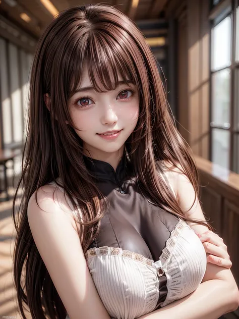 Ultra-high resolution CG Unity 8K wallpaper, Beautiful paintings, ((Brown Hair、Girly Hair:1.5)), ((Red eyes、Droopy eyes:1.3)), ((smile:1.4)), ((Image Processing Algorithms:1.5)),  high pixel density in front of the copier、 beautiful and exquisite eyes 、Bes...