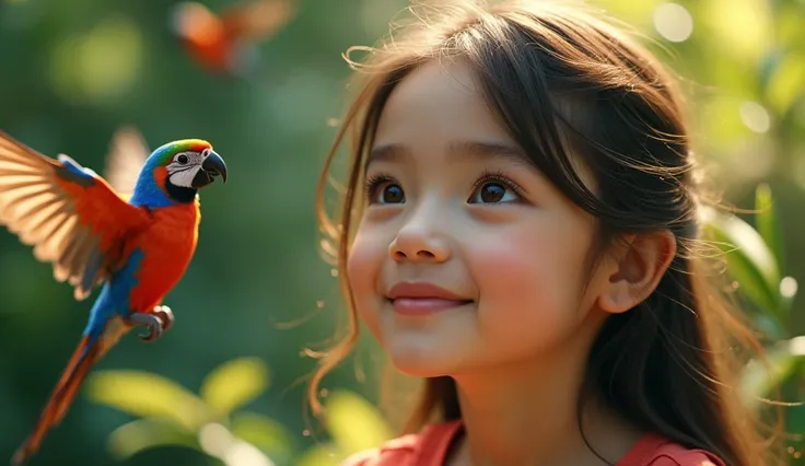 a  old girl, detailed beautiful face, long eyelashes, striking eyes, detailed lips, colorful birds flying around her, girl enjoying the moment, cinematic lighting, hyper realistic, hyper detailed, best quality, photorealistic, 8k, masterpiece, vibrant colo...