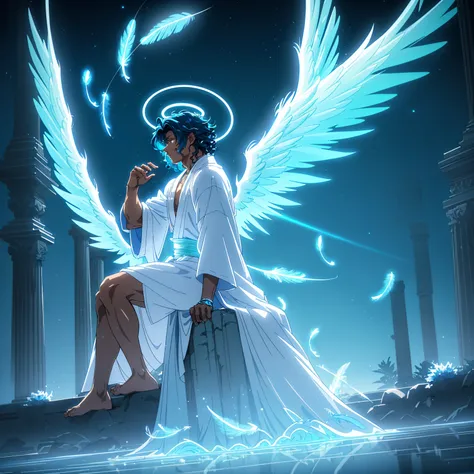 masterpiece, best quality, highly detailed, digital art, anime style, male angel, dark-skinned male, curly blue hair, white flowing robes, ethereal glowing cyan wings, halo, sitting pose, side view, muscular build, arm bands, dramatic lighting, dark backgr...