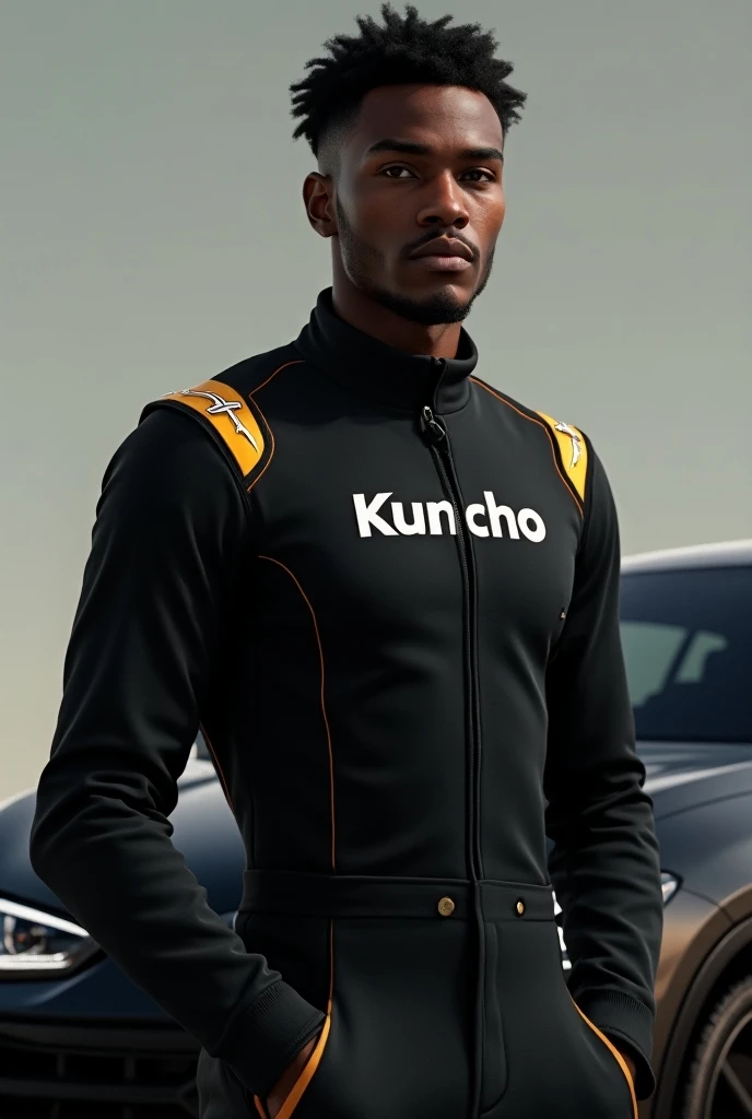 A f1 suit from Mc Laren written on it on the front 
"Kuncho " in the middle and make it black and some touch line of gold, hands of a dark chocolate male and a bmw beside him, he is young 22 years old with sharp brave face look


