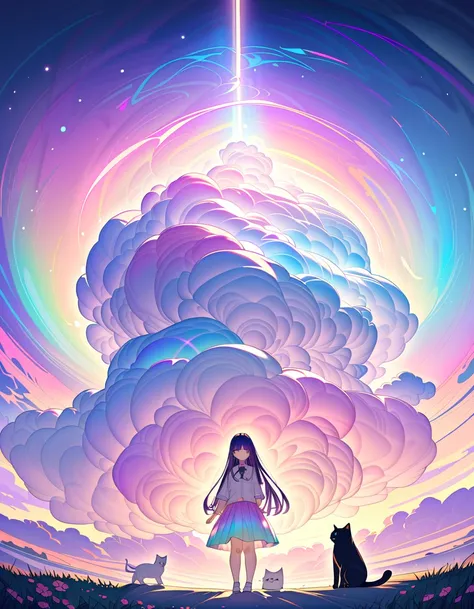 (8K, best quality, master piece: 1.2),super high resolution,best quality,1 idol sitting on rainbow cotton candy cloud, with cat,ultra-detailed face,detailed eyes,rainbow hair, mascara, long hair, straight hair, floral hair,(iridescent light:1.4)in the sky