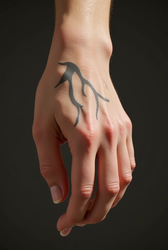 A hyperdetailed 16k resolution ultrarealistic photo-illustration of a human hand in close-up: A delicate, pale skin tone dominates the scene as the hands intricate crevices and ridges are meticulously rendered. The tattoo, mirroring the bone structure on t...