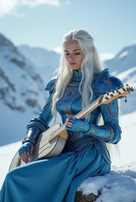 A woman with long, flowing white hair sits gracefully atop a snow-covered rock amidst a vast, serene winter mountain landscape. She holds a finely crafted lyre, gently plucking its strings, lost in the melody she creates. Her face shows a peaceful, introsp...