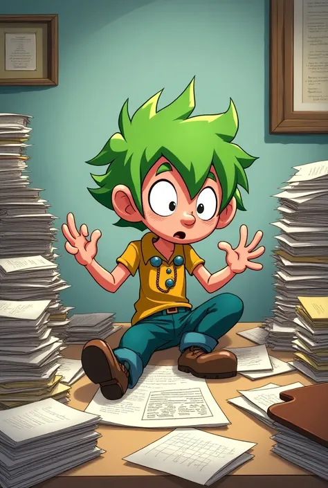  Picture of Cosmo from the magic godparents, on a table and with a lot of paperwork 