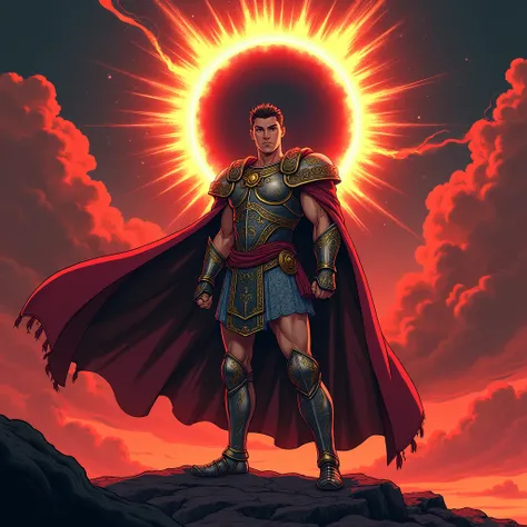 a powerful portrait of a 17-year-old emperor constantine the great, gazing intently with piercing eyes like a lion, his strong muscular physique clad in armor, posed for battle on a desolate red landscape, as a dramatic solar eclipse casts a diamond ring i...