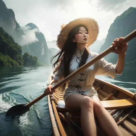 woman in a boat with a hat and paddle on a lake, cinematic. by leng jun, by Fei Danxu, on a boat on a lake, matte painting portrait shot, sitting in a small bamboo boat, chinese woman, by Yang J, chinese girl, by Ye Xin, by Rudy Siswanto, by Raymond Han, b...