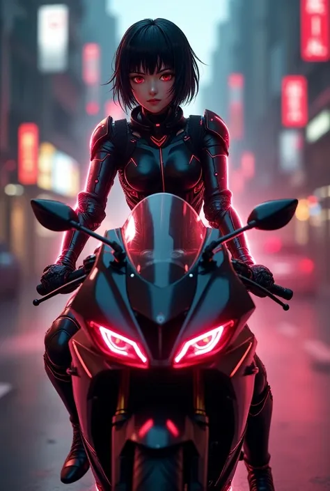 ((Full body images,  is standing,  Feet)) picture of a cyborg girl in mecha armor,20 years old ,BLACK AND RED ARMOR , Neon Rays Shining , beautiful face, Soft and Glowing Skin , Bright Black Hair Dances ,Red eyes,  Motorcycle Ride ,  BLACK KAWASAKI NINJA 6...