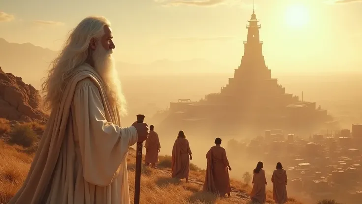 The Lord God, with long white hair and beard, in his majesty, shining, standing tall in white biblical clothing, observing the biblical Plain of Shinar as a backdrop, characters adorned in ancient biblical clothing, silhouette of the Tower of Babel surroun...