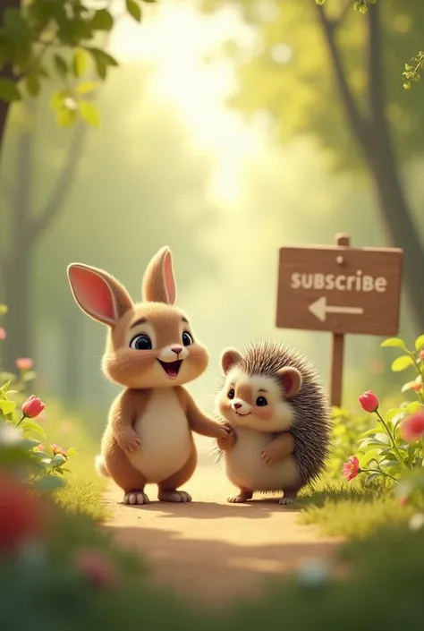 Scene 20: The rabbit and hedgehog walk together, happy and peaceful.



Rabbit: Happy and relaxed.

Hedgehog: Walking beside, smiling.
And they show at last there is a youtube subscribe board there subscribe korte bolche everyone 

