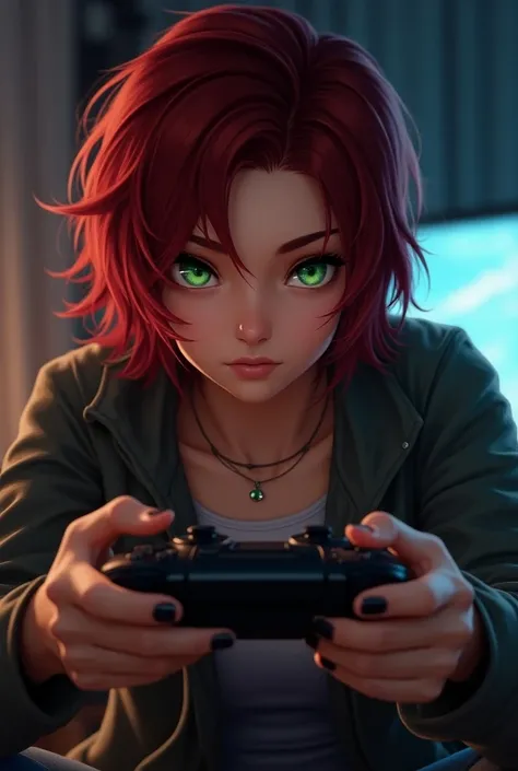 Young woman, Red/dark short Hair, Gamer, Controller, green eyes