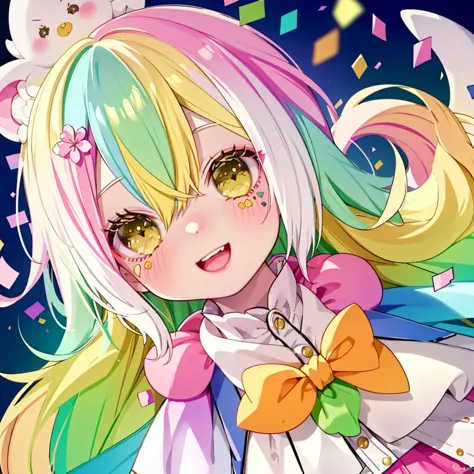 (chibi:1.15), girl,,( white marble hair , pink, yellow-green and yellow :1.35),( smooth long hair :1.2),( have :1.3),(big smile:...