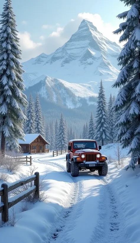 Photo realistic, thick snow on ground, road, trees, car, jeep, wooden small house and on fence. Background is a forest and hills. Car tire marks and deep foot steps in snow. snow falling from mountain 