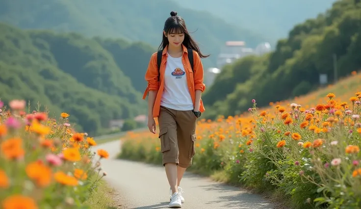 Beautiful Korean Women , smooth white skin, well-groomed face,black hair, tied up Korean style,bangs.eksfresi coll. Orange shirt. white t-shirt with letter logo (S) brown knee length cargo pants,backpack,black watch,white shoes,berpose,eyes focused forward...