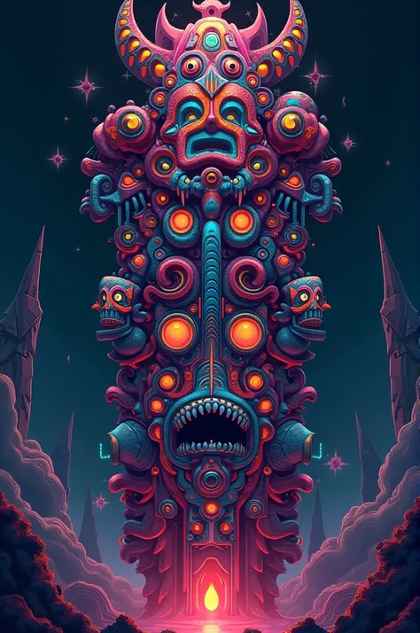 Dessin 2D de totem avec des visages dans le style groovy techno dans des tons sombres