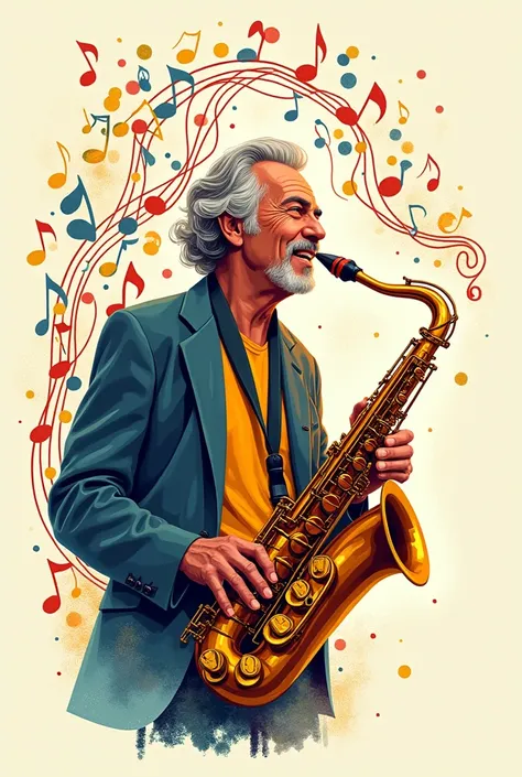  Make an illustrative image , of Luis Fernando veríssimo , with a saxophone,  recalling his works as if they came out in the form of musical notes, with the background off white 