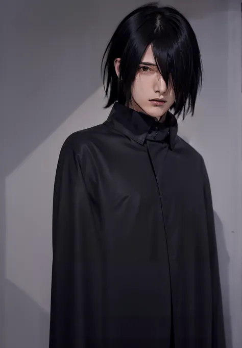 sasuke, 1 boy, red eyes, grey shirt, black cloak, black hair