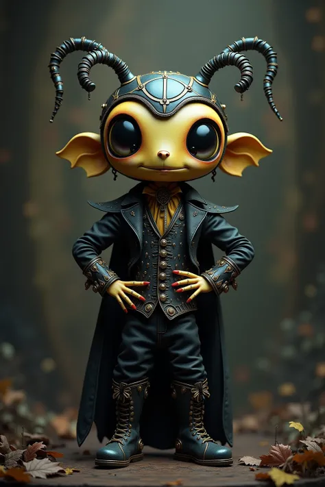 generate images of kawaii chibi character of (beetle head) zany scarecrow with a horror fantasy theme,(hands on hips:1.5), clothes must be highly intricate gothic style , elegant, and visually striking, highly detailed leather boots, resembling digital pai...