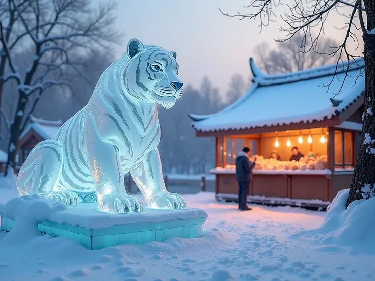  An A3 sized winter landscape in Northeast China ，In the foreground is the Tohoku Tiger ice sculpture，Changbai Mountain，The big world of ice and snow， The background is a traditional street vendor selling roasted corn and sweet potatoes。 soft warm lighting...