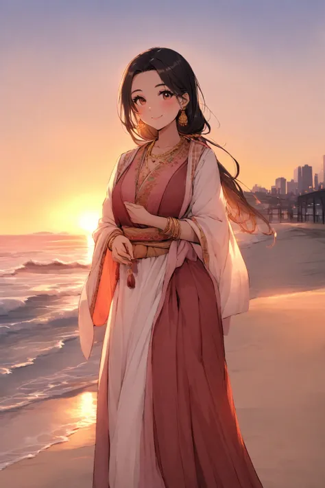 A beautiful indian women standing in new york city wore a  traditional clothes with beautifull accessories she wores and clicking a photo of sunset on the beach with beautiful smile
