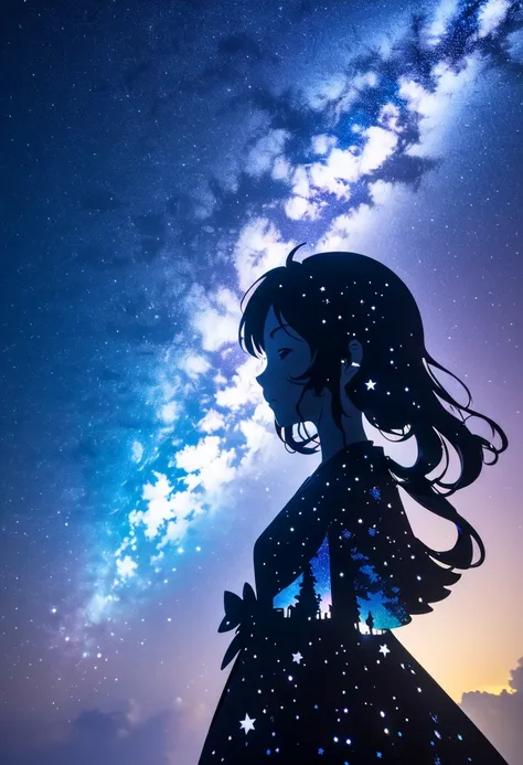 mate piece, silhouette, milky way, orihime's, close-up, profile, monotony, moon, double exposure, milky way, tanabata decoration...