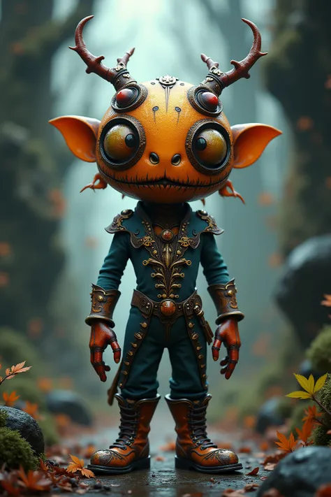 generate images of kawaii chibi character of (beetle head) zany scarecrow with a horror fantasy theme,(hands on hips:1.5), clothes must be highly intricate baroque style , elegant, and visually striking, highly detailed leather boots, resembling digital pa...