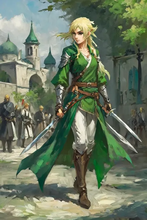 An anime character A blonde elf with green eyes dressed as an assassin and with a sword on her back 