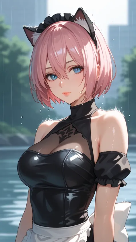  score_9,  score_8_up,  score_7_up,  1 girl, Alone, breast,  shortcut,  dress,  blue eyes, bare shoulders, medium breast,  closed mouth, , upper body,  pink hair,  maid clothes, mole, Blur, black  dress, lips, Wet,  depth of field, Blur background,  turtle...