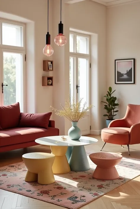 Un salon moderne et artistique, avec une palette de couleurs douces et chaleureuses. Le sol est en parquet clair, donnant une ambiance naturelle et élégante. Une grande table basse avec un plateau en verre transparent mais un pied stylisé en grès, elle est...