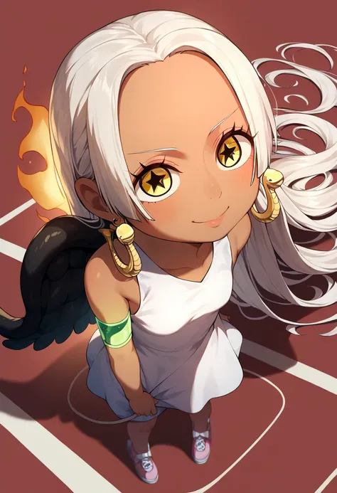 UHD, retina, textured skin, high details, high quality, best quality,  highres icon, 1080P, HD, 16k、1 Girl,Earthsnake , Long Hair, white hair, Brown Skin、,  earrings for a woman alone, Yellow Eyes, symbol-shaped pupils,  black wings  ,  small breasts.  sun...