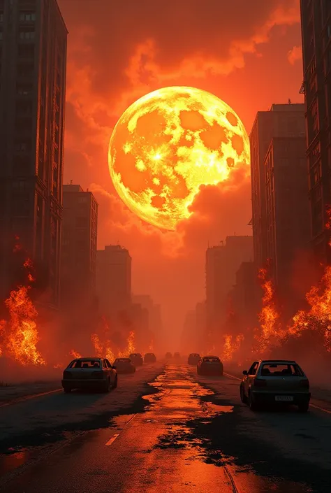 ( Realism 1.2 ), ( Closeup photo ) A sun almost broken, above many buildings tower at right side and left side that burning, chaos road in the middle with many burned cars on left and right road, in the evening time