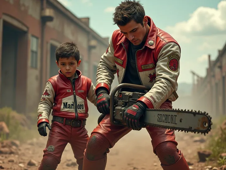 A young muscular guy in a red and white Marlboro leather motorcycle jacket with patches and red and white Marlboro leather pants and the eldest son are holding a huge chainsaw with a long tire