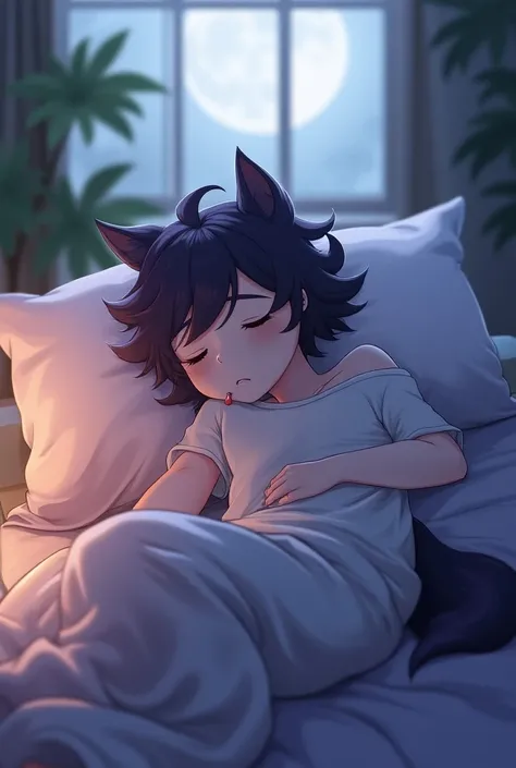 (Anime), soft male teenager wolf demom, sleep on bed, drooling, wearing loose off-shoulder top, pajama pants, short curly dark purple hair with dark purple eyes, short wolf ears and tail, indoors, soft lighting, plants in background, window with moonlight,...